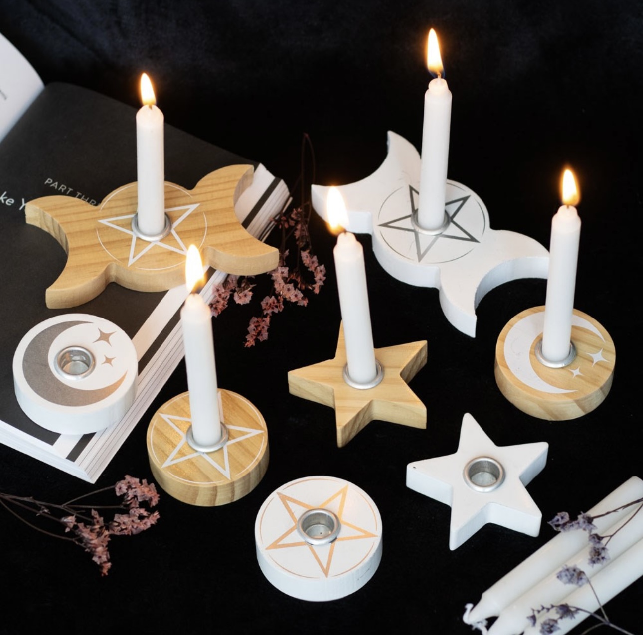 Natural Wooden Pentagram Spell Candle Holder - Pentagram and Mystical Moon - Image 7