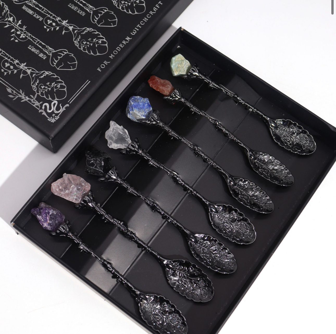 Set of 7 Dark Silver Gemstone Crystal Witch Spoons