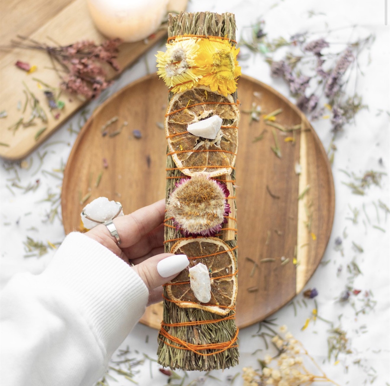 9in Ritual Wand Smudge Stick With Rosemary, Palo Santo And Quartz