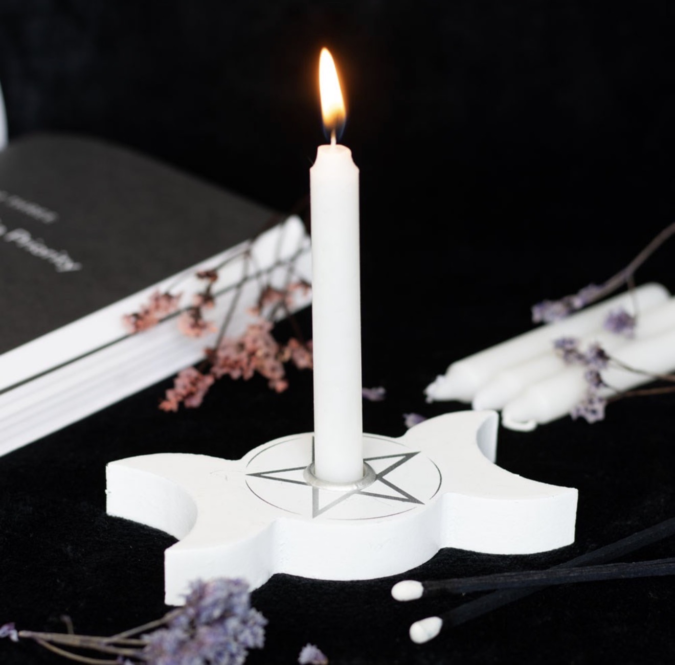 Triple Moon Spell Candle Holder - White and Black